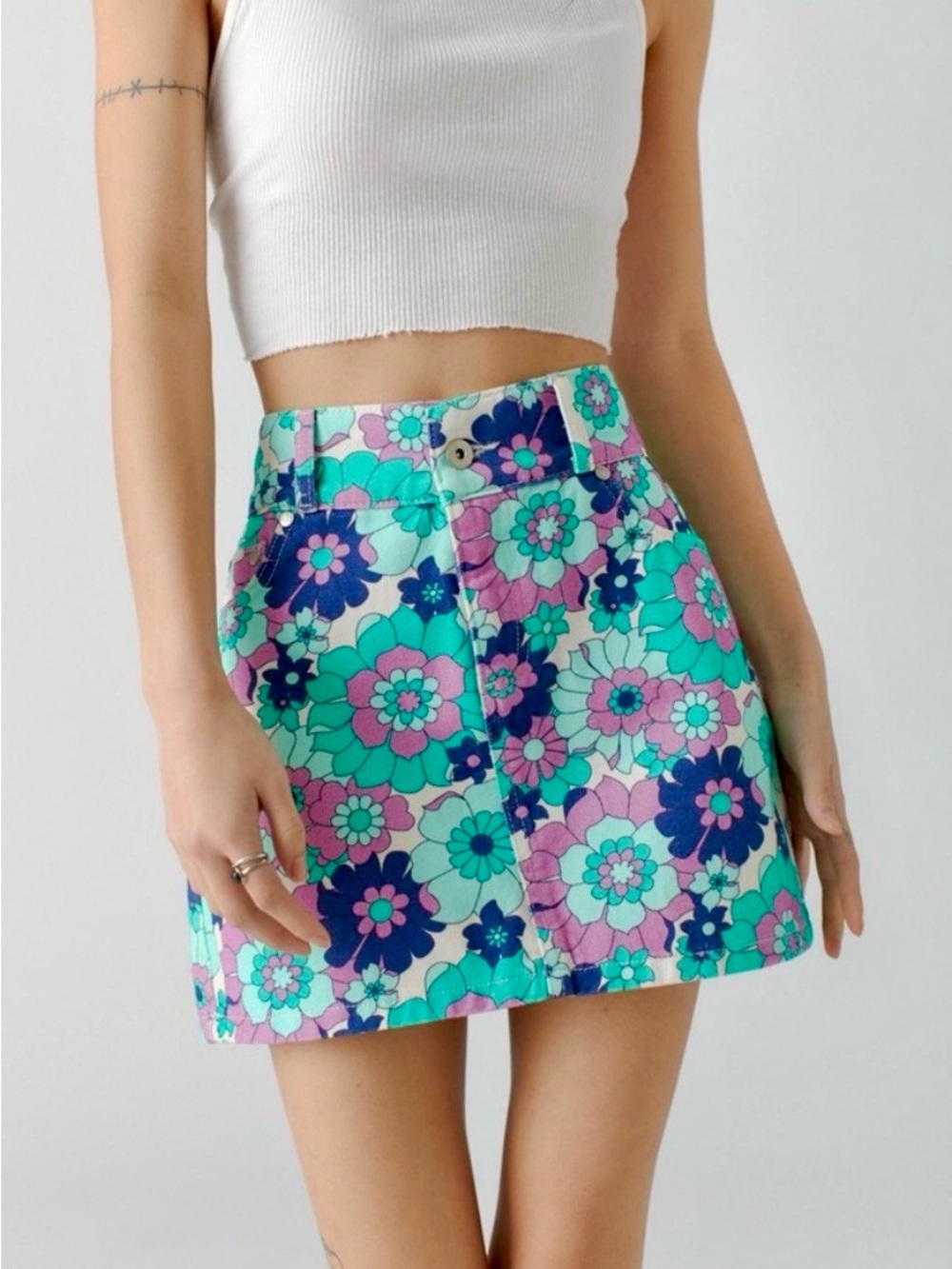 The Ragged Priest Retro Floral Mini Skirt in Teal, Pink & Navy SZ 32